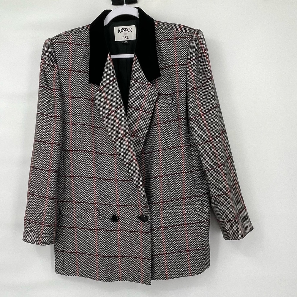 vintage kasper 90s wool blend velvet trim plaid blazer